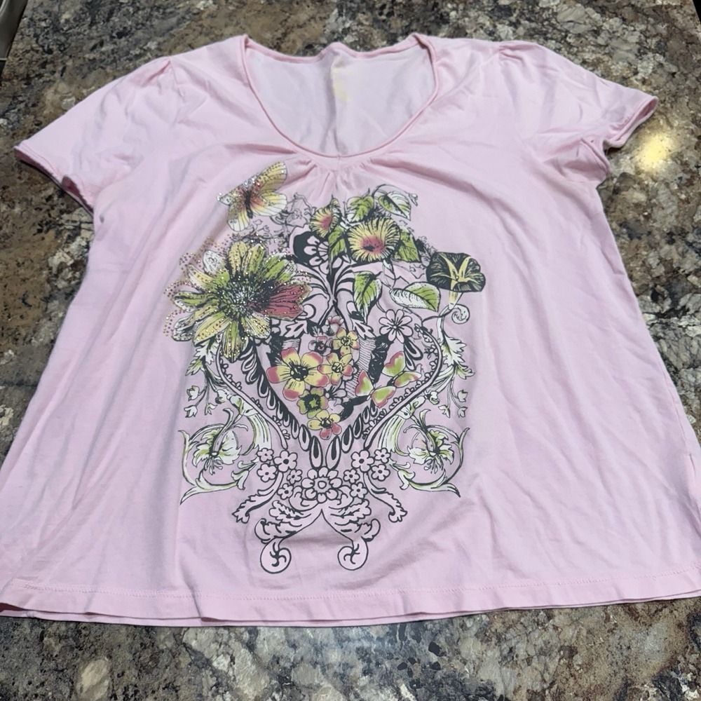 White Stag Tee Y2K Style Floral Women's Shirt Bedazzled Scoop Size 1x
